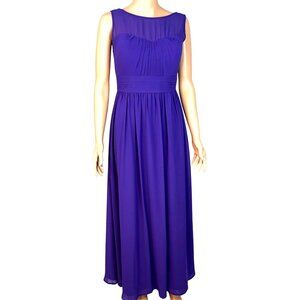 Bill Levkoff Purple Sleeveless Ruched Chiffon Gown With Sheer Neckline & V-Back